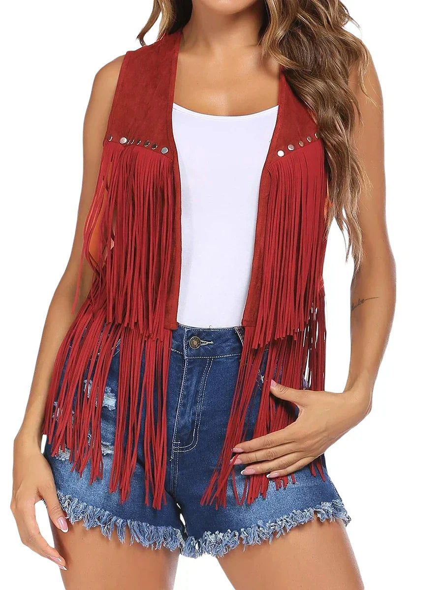 Women's open front vest, sleeveless with long fringe, embodying a modern boho style.
