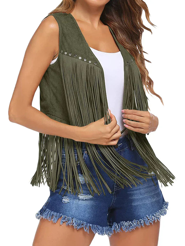 Fashion-forward women's vest, sleeveless, with dramatic fringe & open front for any outfit.