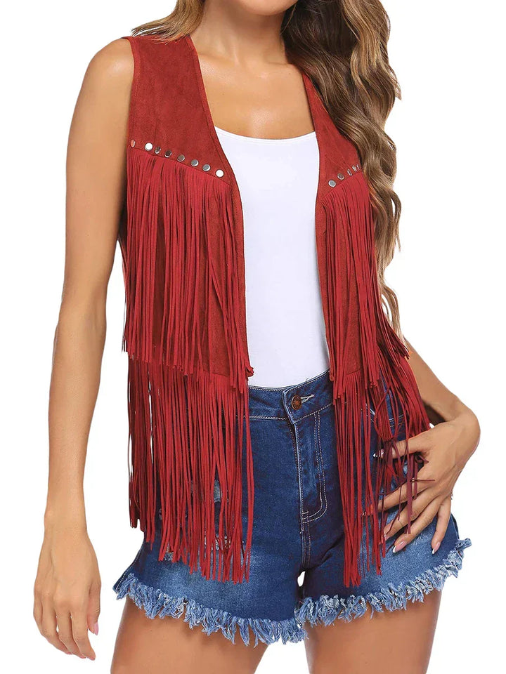 Elegant women's sleeveless vest, open front with flowing fringe, ideal for boho fashionistas.