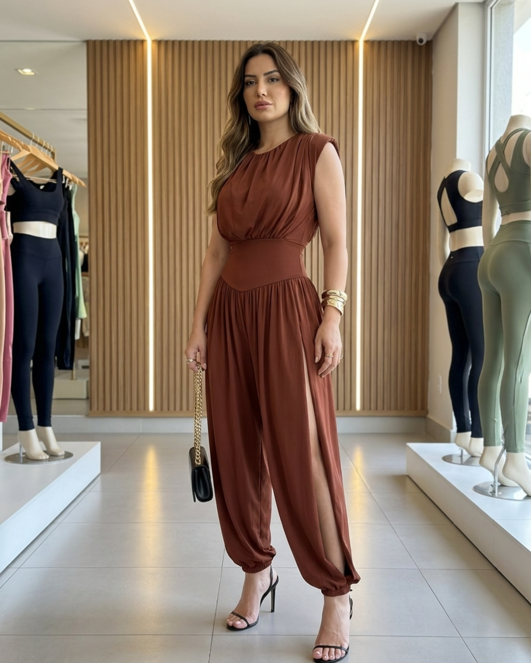 Women's sleeveless jumpsuit with cinched high waist & stylish balloon legs.