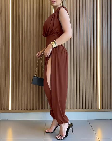 Women's formal wear jumpsuit, sleeveless, with a comfortable high cinched waist and balloon leg.