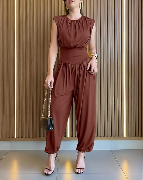 Modern women's party wear jumpsuit, sleeveless, with a flattering cinched high waist.