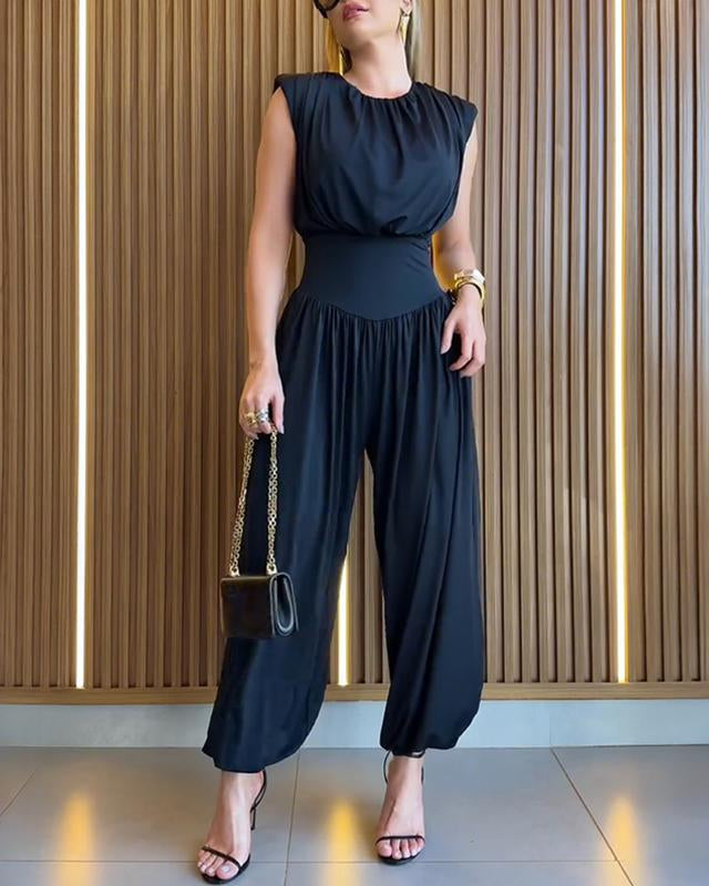 Cocktail party sleeveless jumpsuit for women, high-waisted, featuring stylish balloon legs.