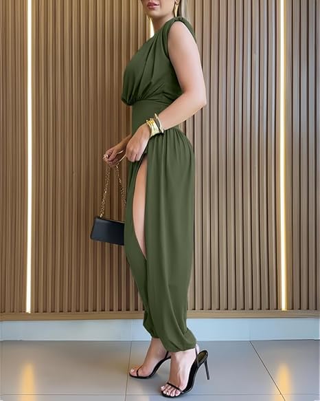 Women's elegant evening jumpsuit, sleeveless with a cinched waist and fashionable balloon leg.