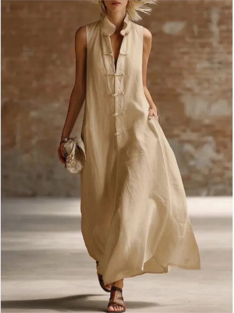Comfortable women's sleeveless maxi shirt dress. A versatile collared day dress for summer, vacation, or beach.