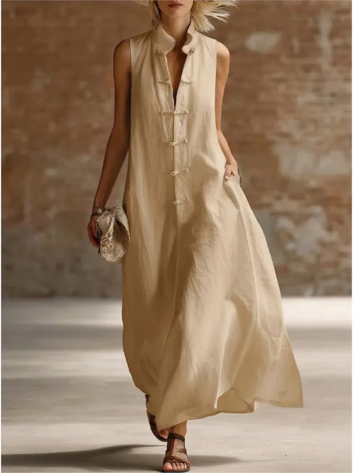 Comfortable women's sleeveless maxi shirt dress. A versatile collared day dress for summer, vacation, or beach.