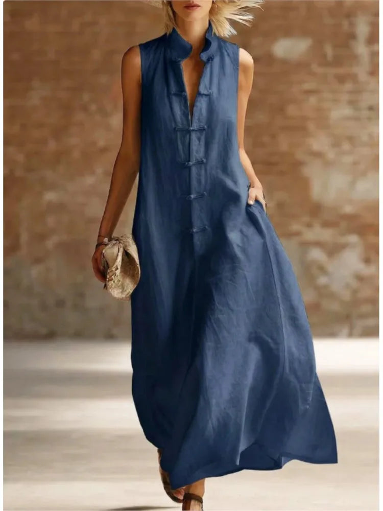 Stylish women's sleeveless maxi shirt dress, a chic day dress for casual outings or elegant resort wear.