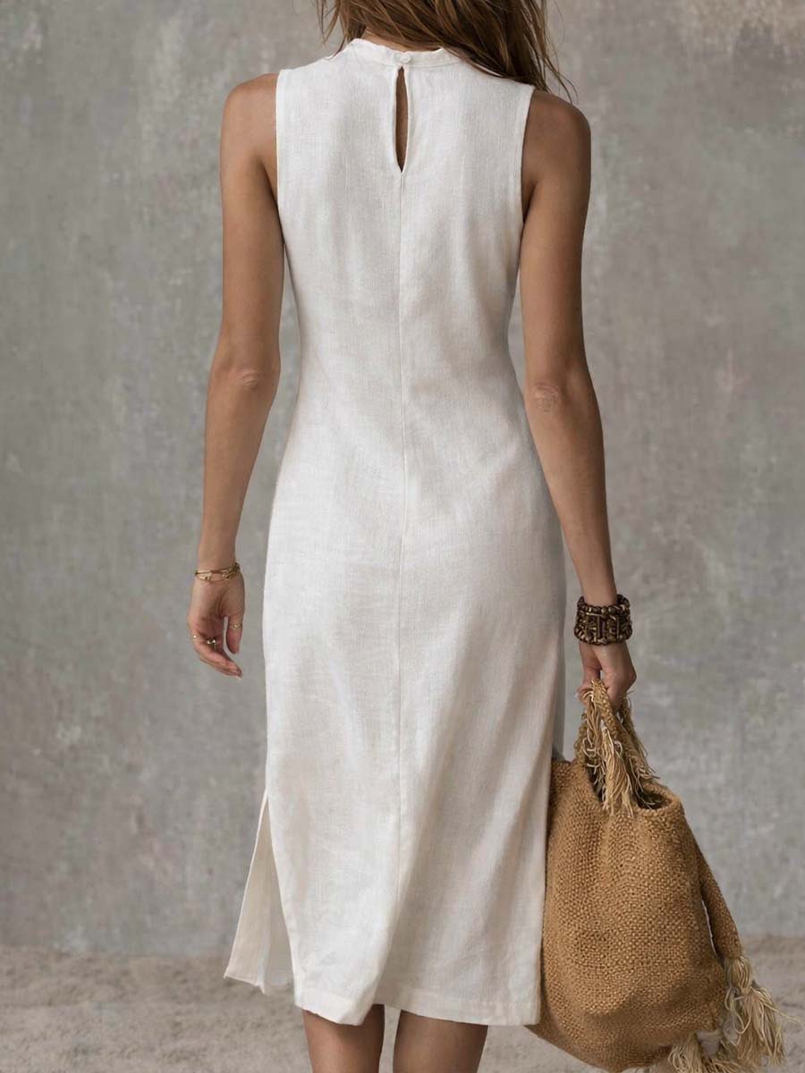Chic women's ribbed sleeveless midi dress. Versatile side split design for comfortable daily wear.
