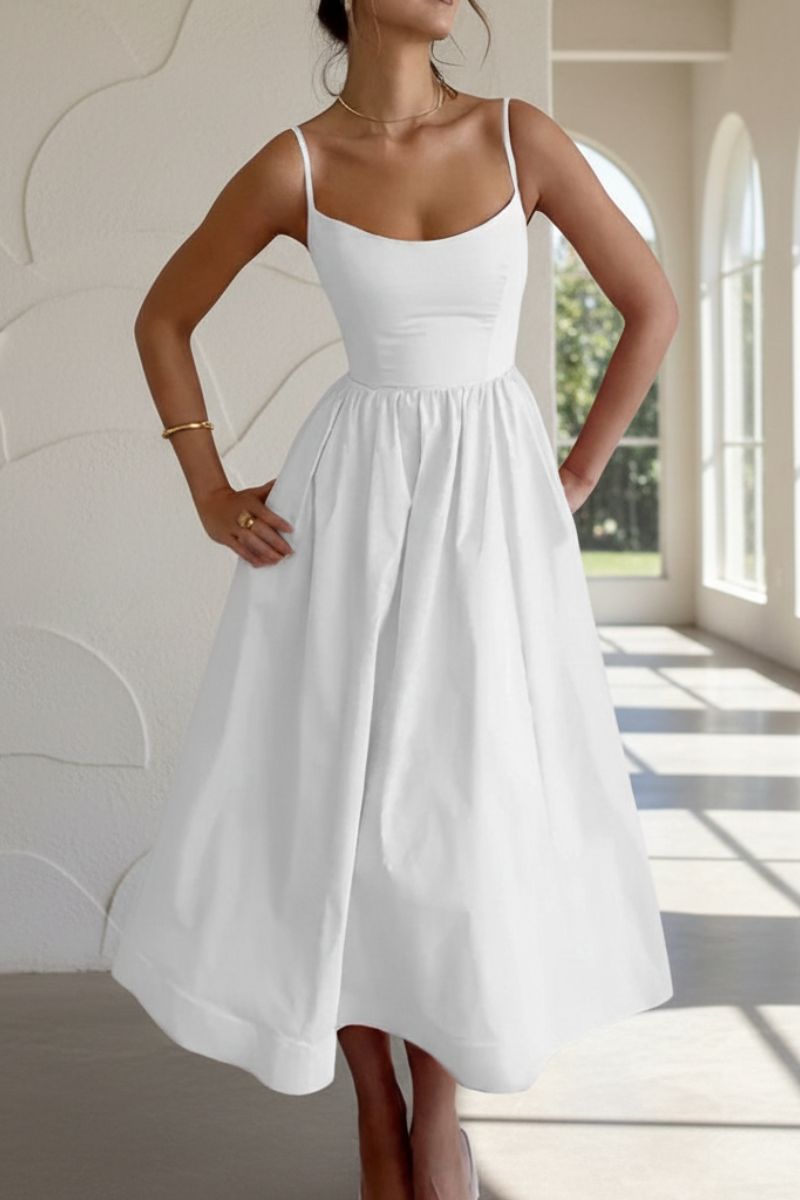 Elegant sleeveless scoop neck midi dress, ideal for cocktail parties, formal events & spring/summer wear.