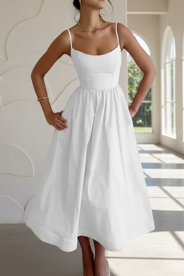 Elegant sleeveless scoop neck midi dress, ideal for cocktail parties, formal events & spring/summer wear.