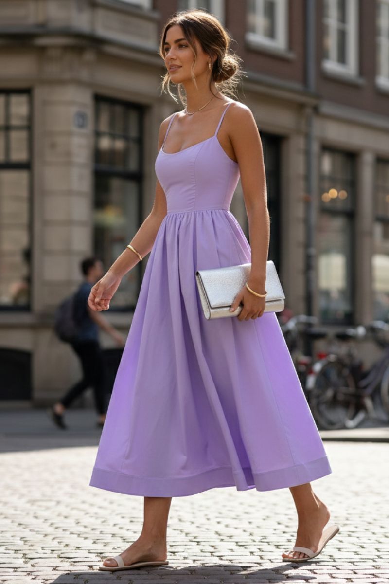 Women's fit & flare midi dress with scoop neck. Sleeveless cocktail party or formal evening wear.