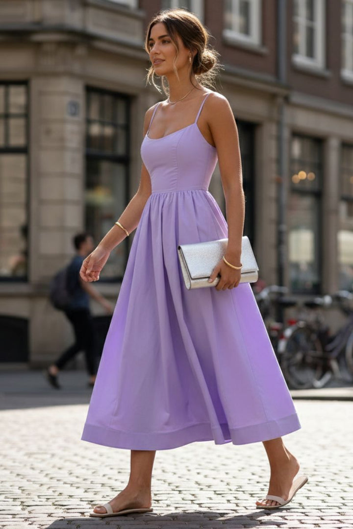 Women's fit & flare midi dress with scoop neck. Sleeveless cocktail party or formal evening wear.