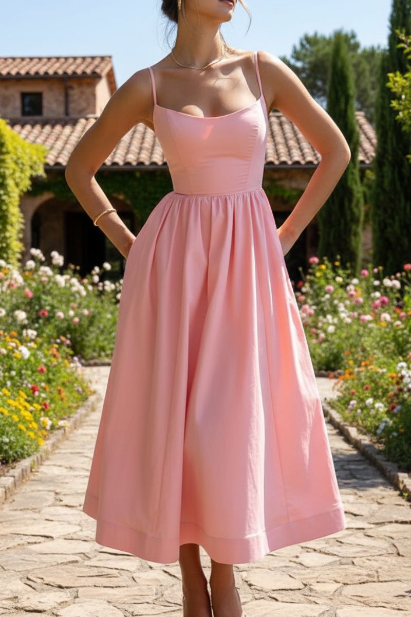 Women's formal sleeveless midi dress featuring a classic scoop neck. Elegant choice for cocktail & evening events.