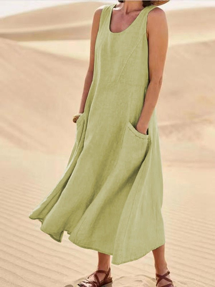 Casual women's scoop-neck sleeveless midi dress with pockets. Flowy, comfortable, perfect for summer & travel.