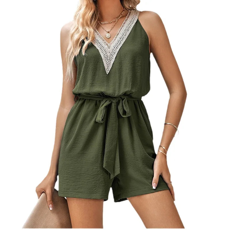 Women's sleeveless V-neck lace-trim romper with tie waist for summer fashion.