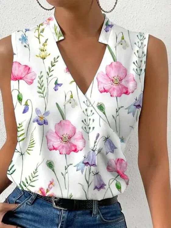 Chic women's sleeveless V-neck wrap top. Relaxed fit blouse, versatile for casual and dressy looks.