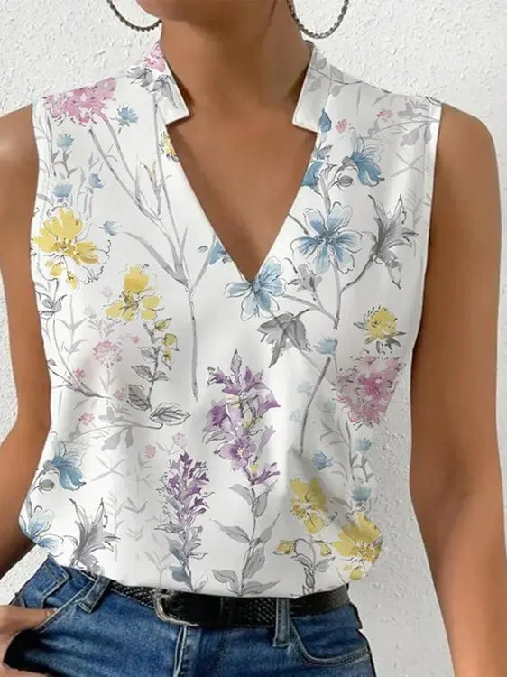 Fashionable women's sleeveless wrap V-neck top, offering a relaxed and comfortable fit for ladies' wear.