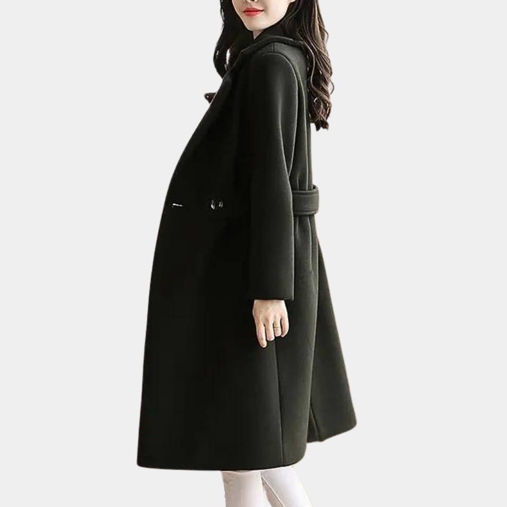 Tailored women's slim fit belted long coat, a chic statement for fall & winter fashion. Stay warm in style.