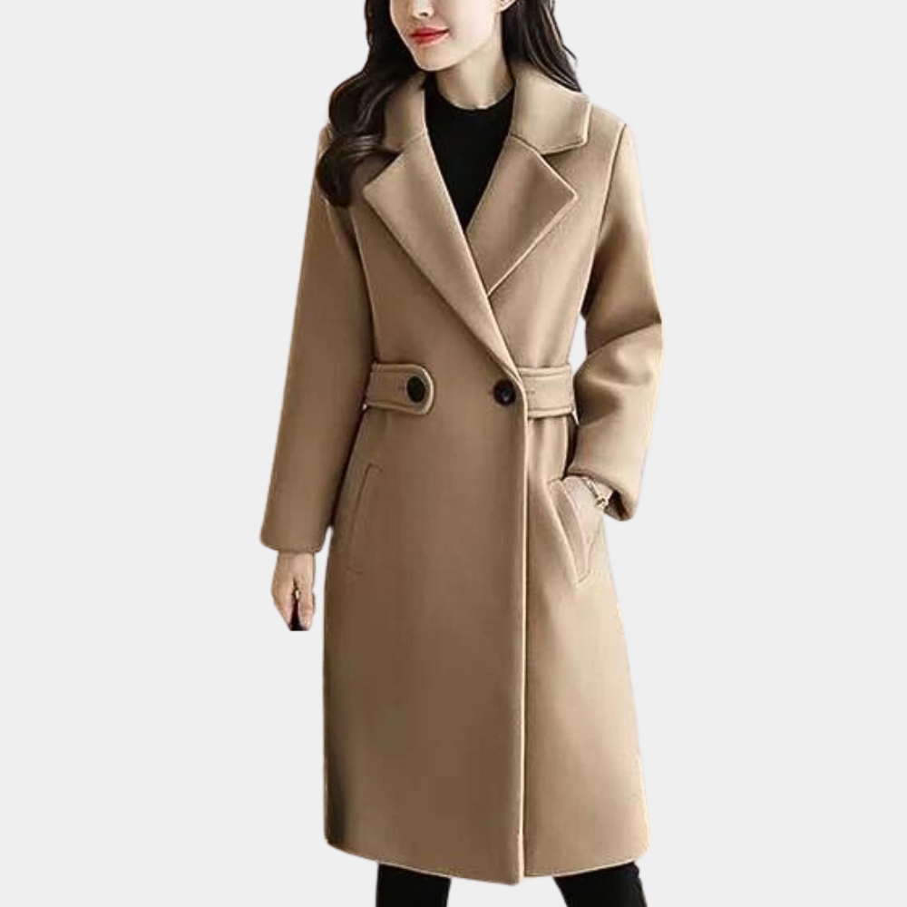 Stylish women's long trench coat, slim fit & belted. Versatile for formal to casual elegance. Fall fashion.