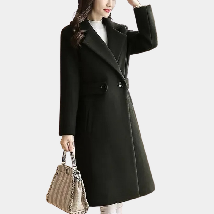 Fashionable women's slim fit long coat with a belt, providing winter warmth & sophisticated style.