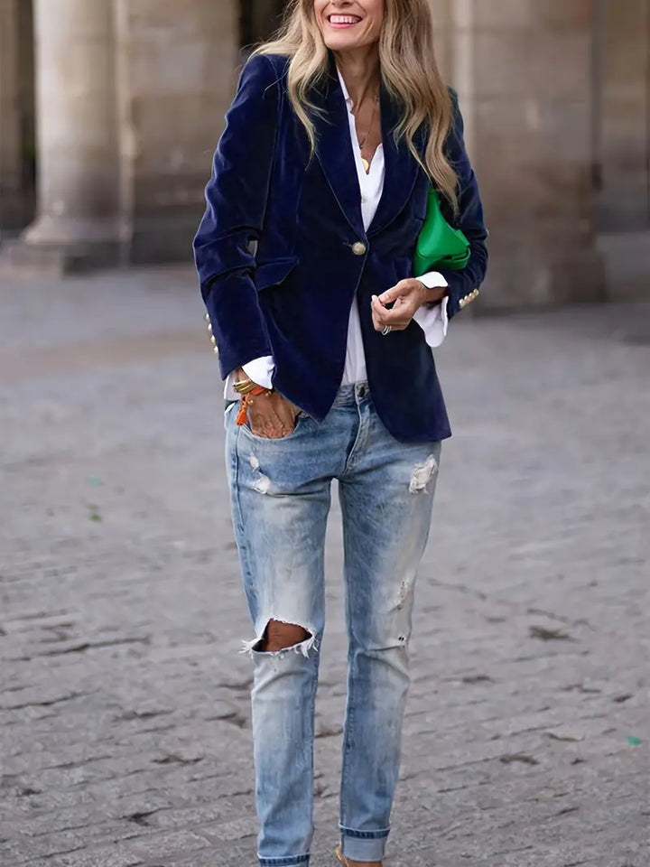 Statement women's blazer, slim fit, with eye-catching gold buttons & a sleek peak lapel.