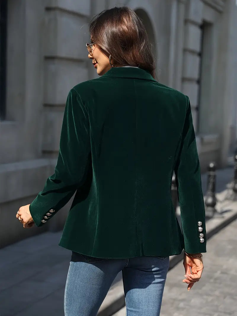 Sophisticated women's slim fit blazer, statement gold buttons, and a stylish peak lapel.