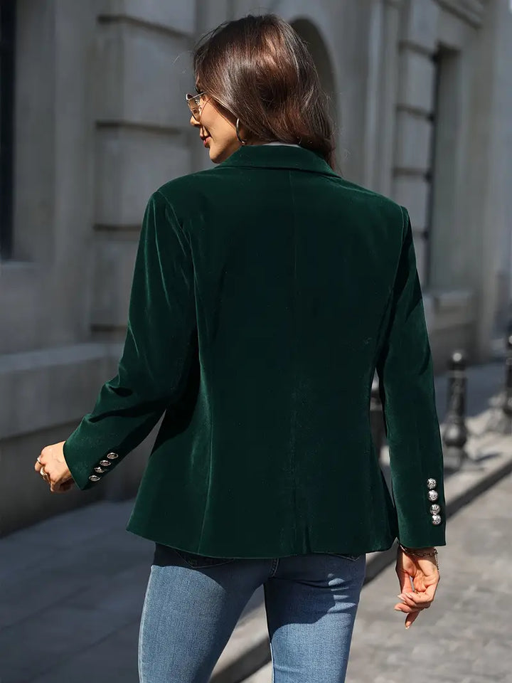 Sophisticated women's slim fit blazer, statement gold buttons, and a stylish peak lapel.