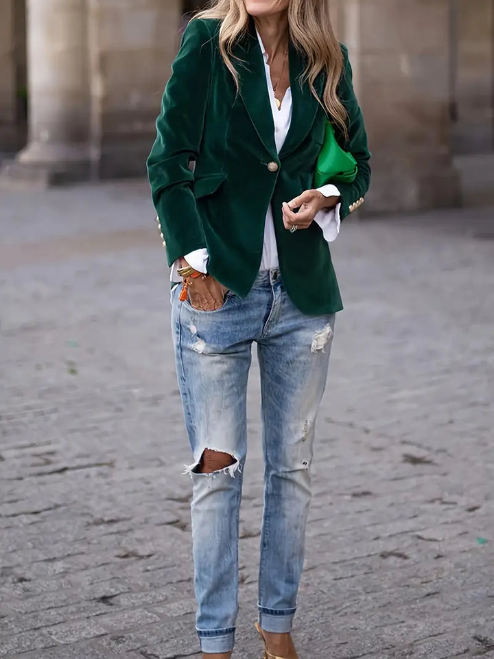 Women's party-ready slim fit blazer with luxurious gold buttons and a chic peak lapel design.