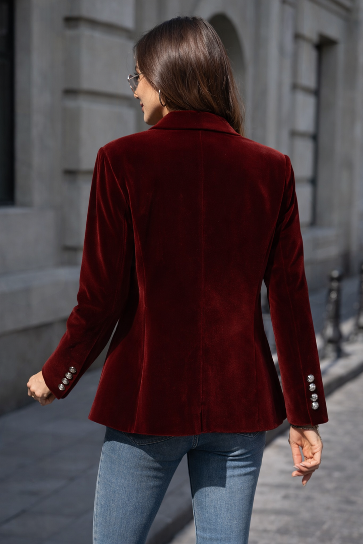 Tailored women's slim fit blazer with elegant gold buttons & a refined peak lapel, versatile style.