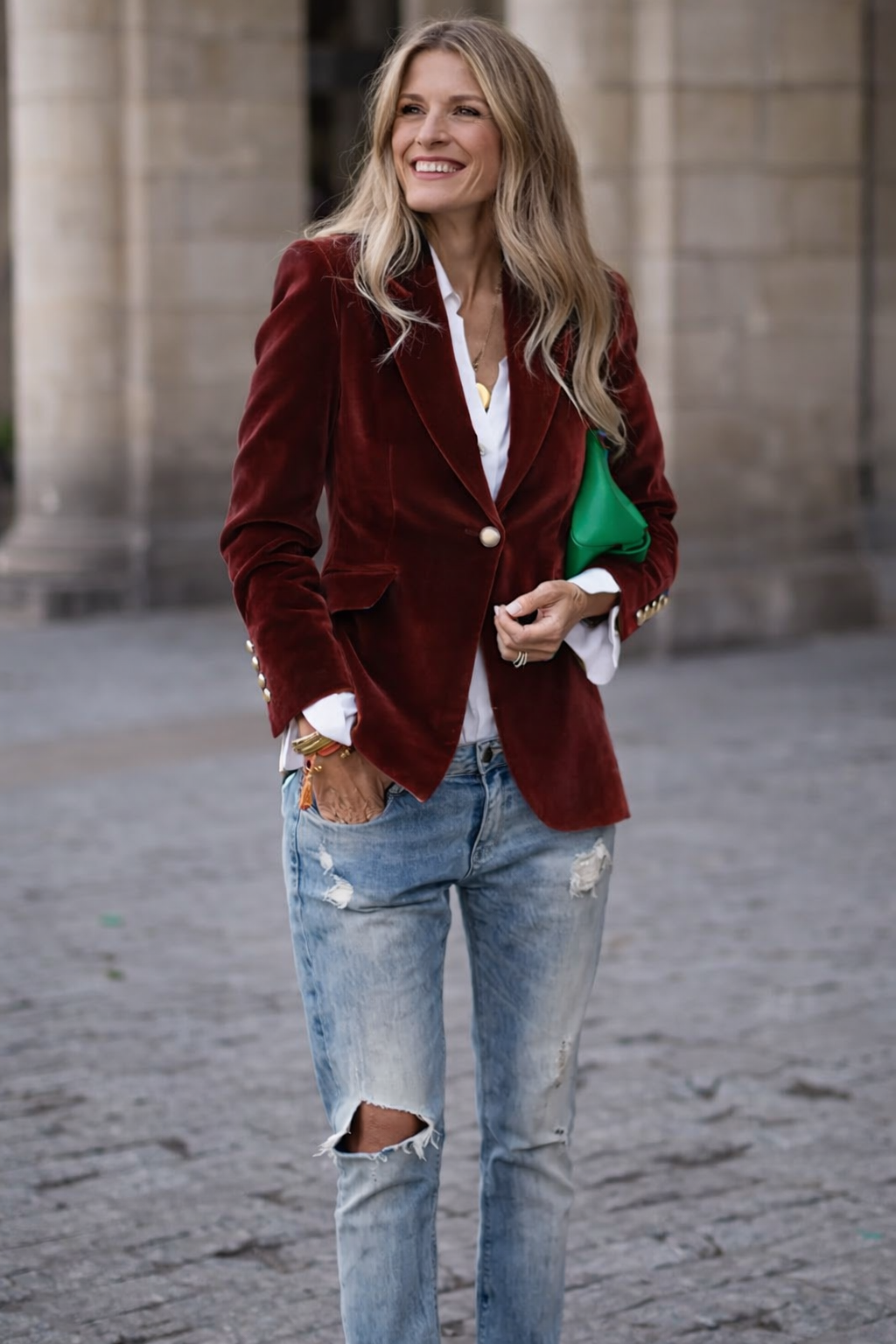 Women's statement slim fit blazer, featuring bold gold buttons & a classic peak lapel.