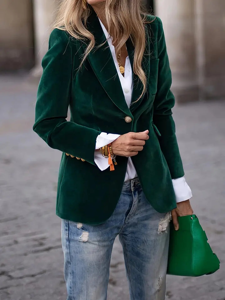 Elegant women's party blazer, slim fit, with statement gold buttons & stylish peak lapel design.