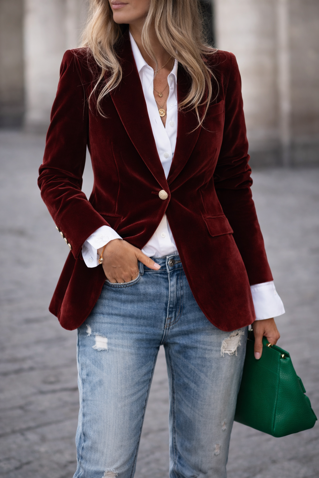 Sophisticated women's evening blazer, slim fit, gold buttons, and a crisp peak lapel for chic style.