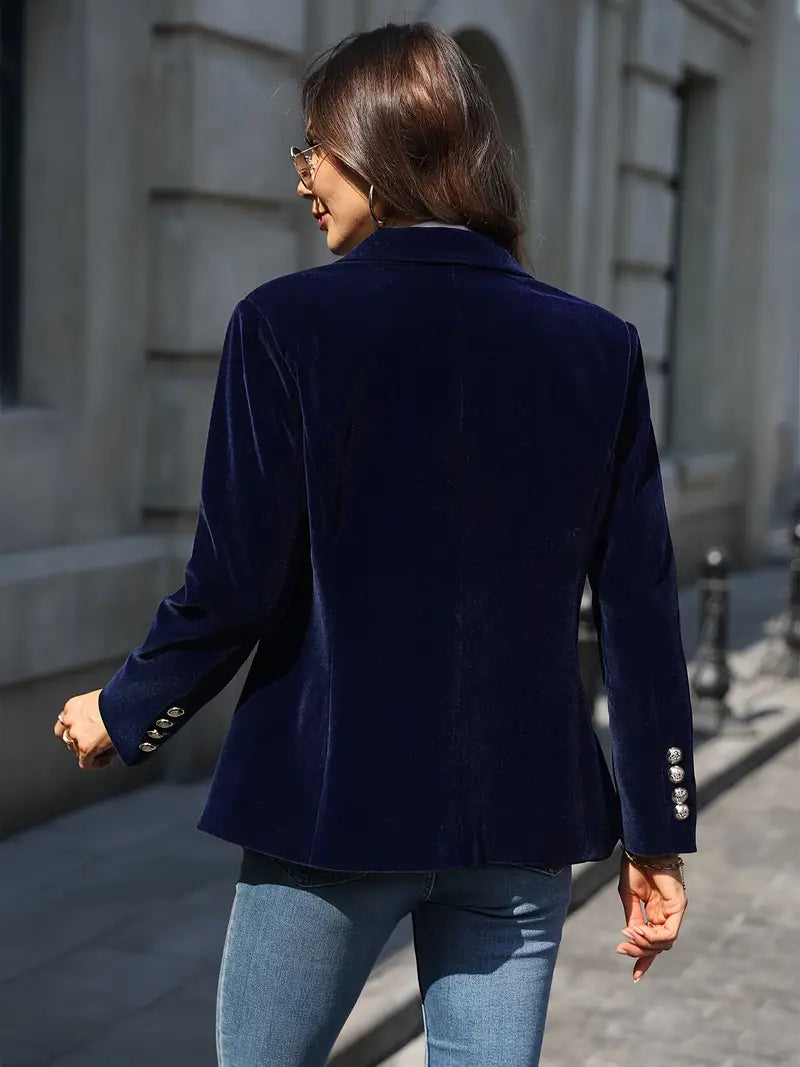 Versatile women's slim fit blazer, gold buttons, peak lapel, ideal for office or party.
