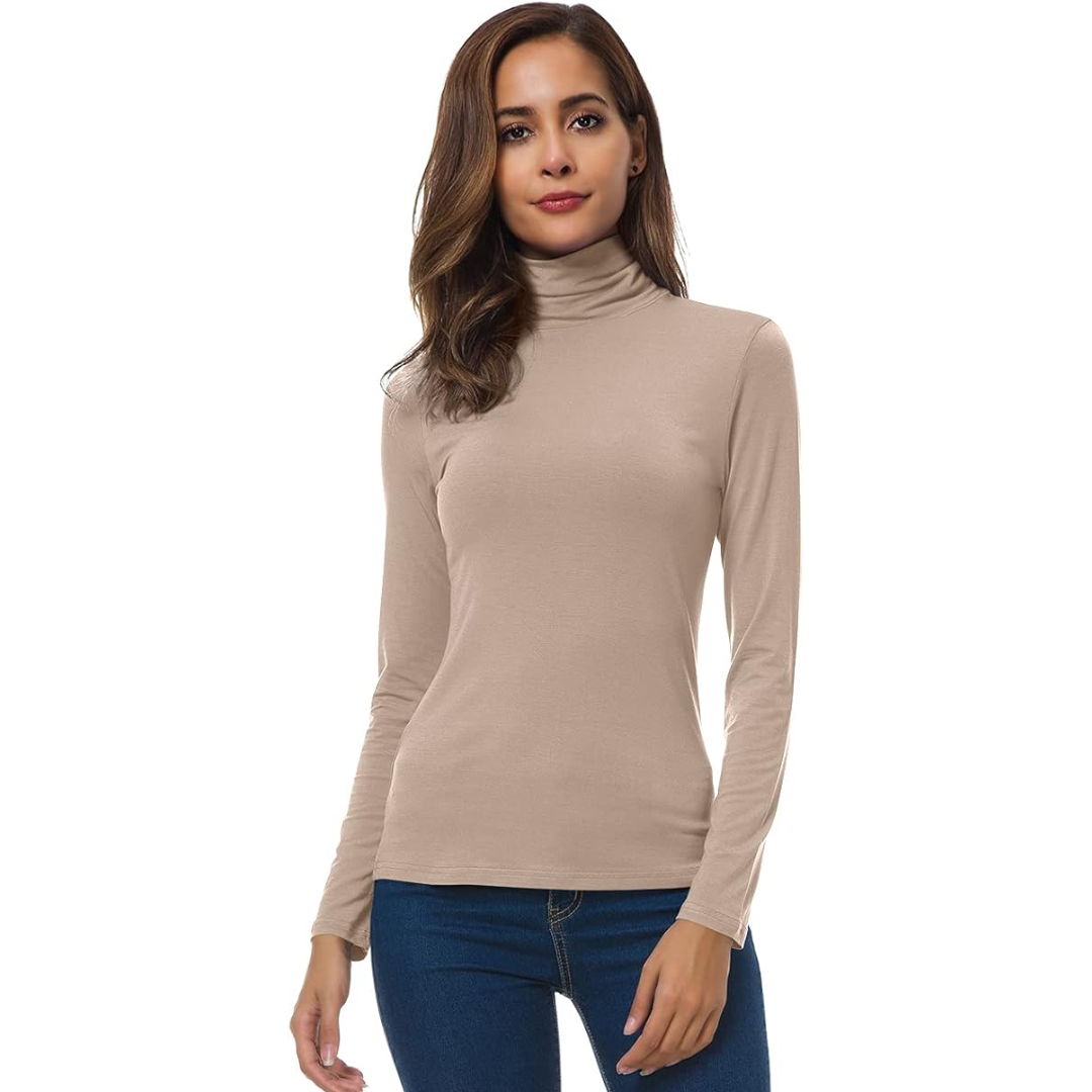 Comfortable women's slim fit turtleneck, a form-fitting essential base layer for warmth & modern style.