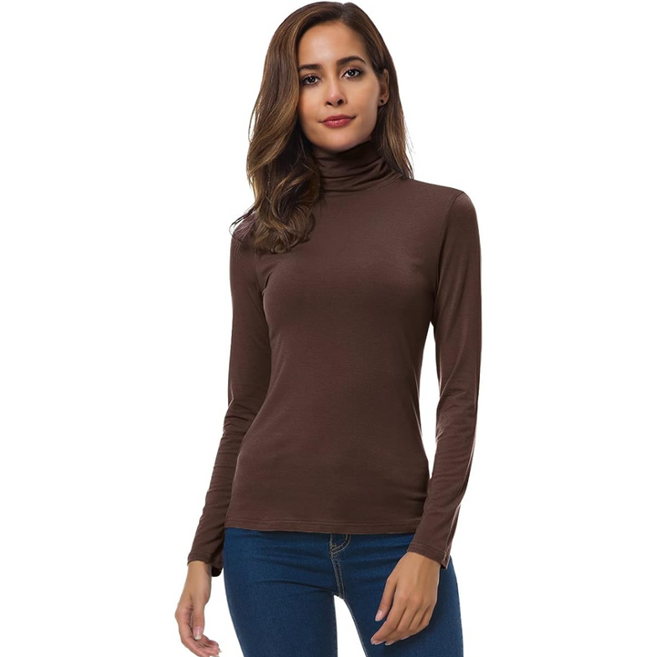 Modern women's slim fit essential turtleneck top, creating a sleek, contemporary silhouette for fashion.