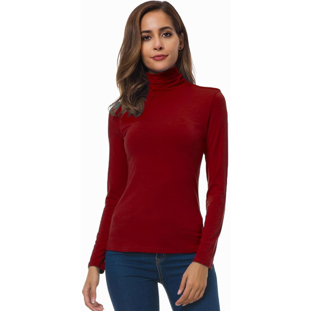 Polished women's slim fit essential turtleneck, a professional layering top perfect for office wear.
