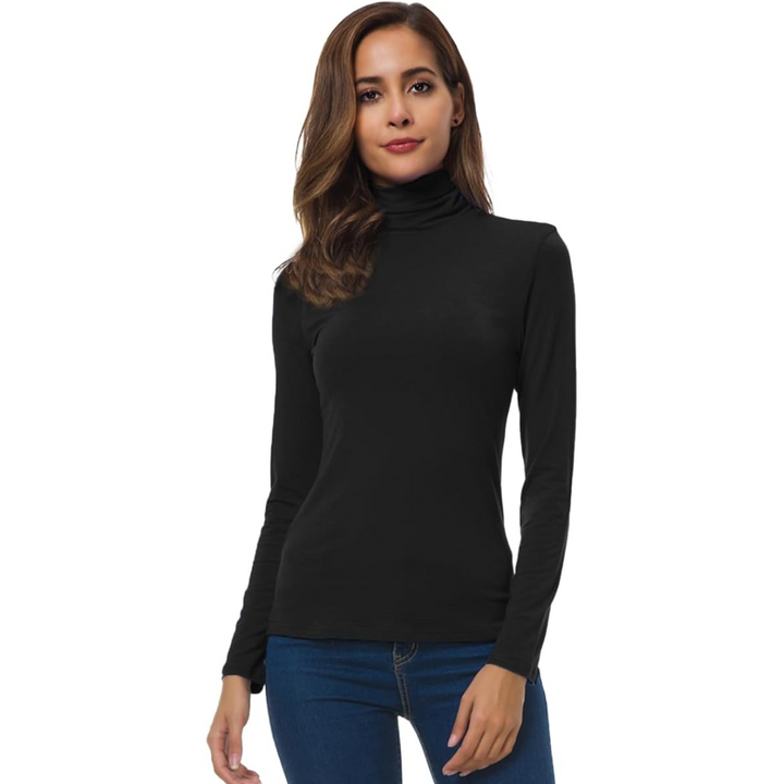 Model showcasing the elegant fit of the women's slim fit essential turtleneck top, a perfect baselayer.
