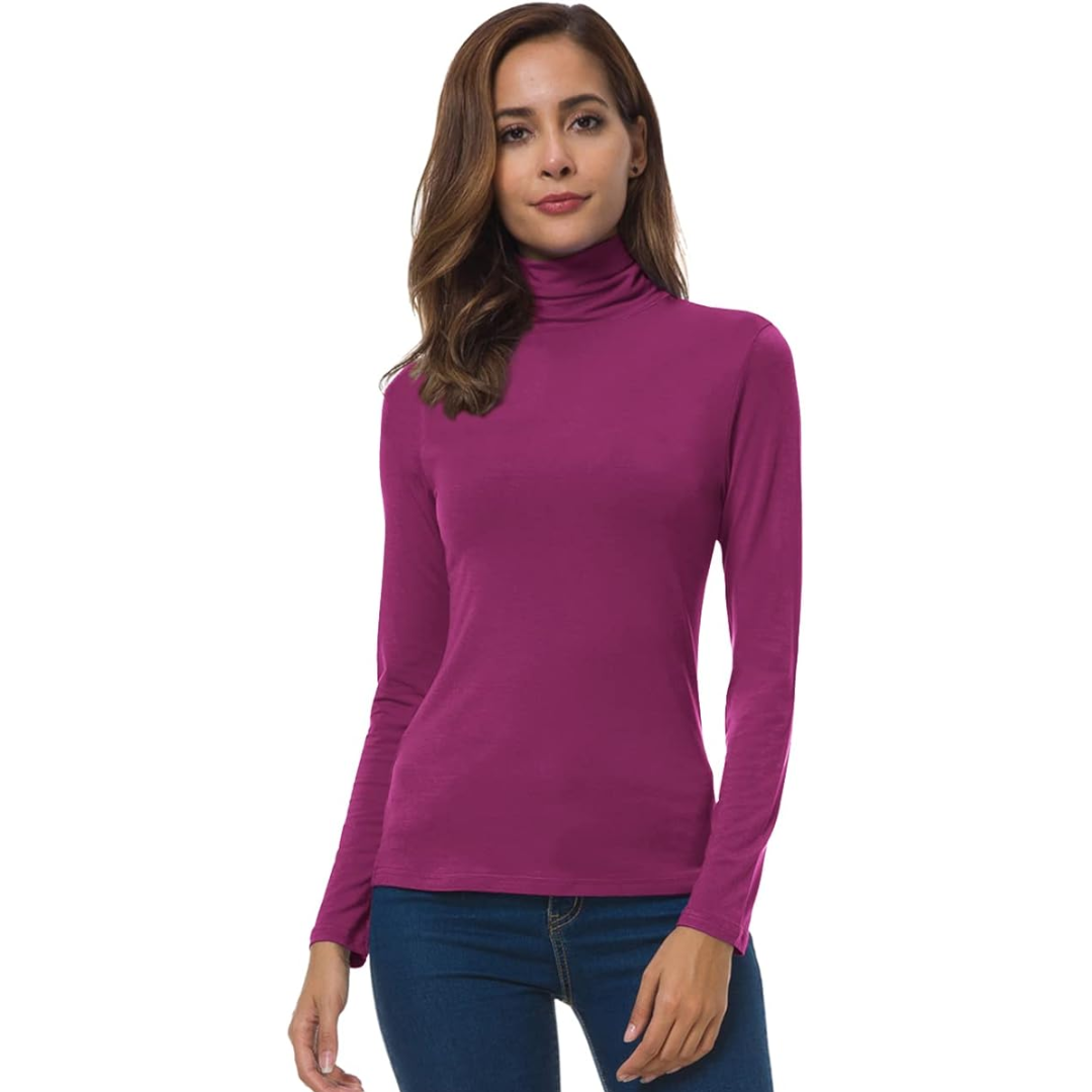 Women's slim fit turtleneck styled under a blazer, showcasing a chic, professional layering look.