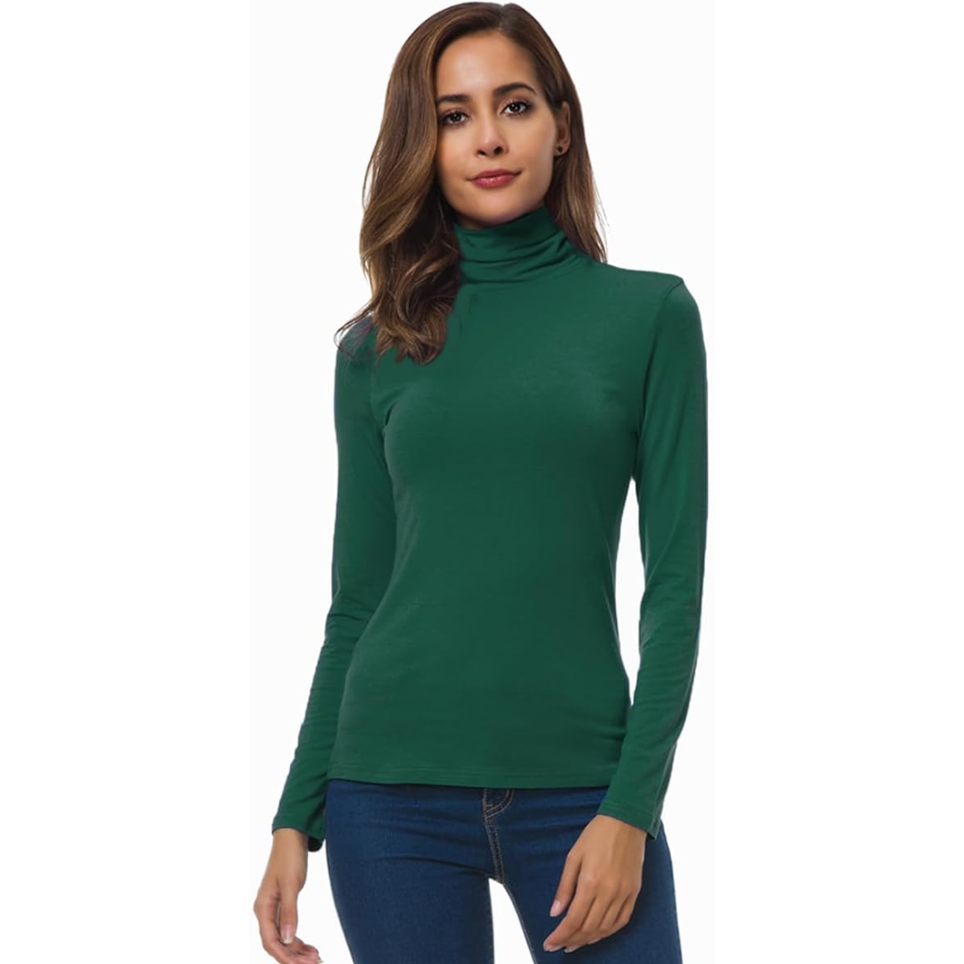 Casual women's slim fit essential turtleneck top, perfect for everyday wear or cozy sweater layering.