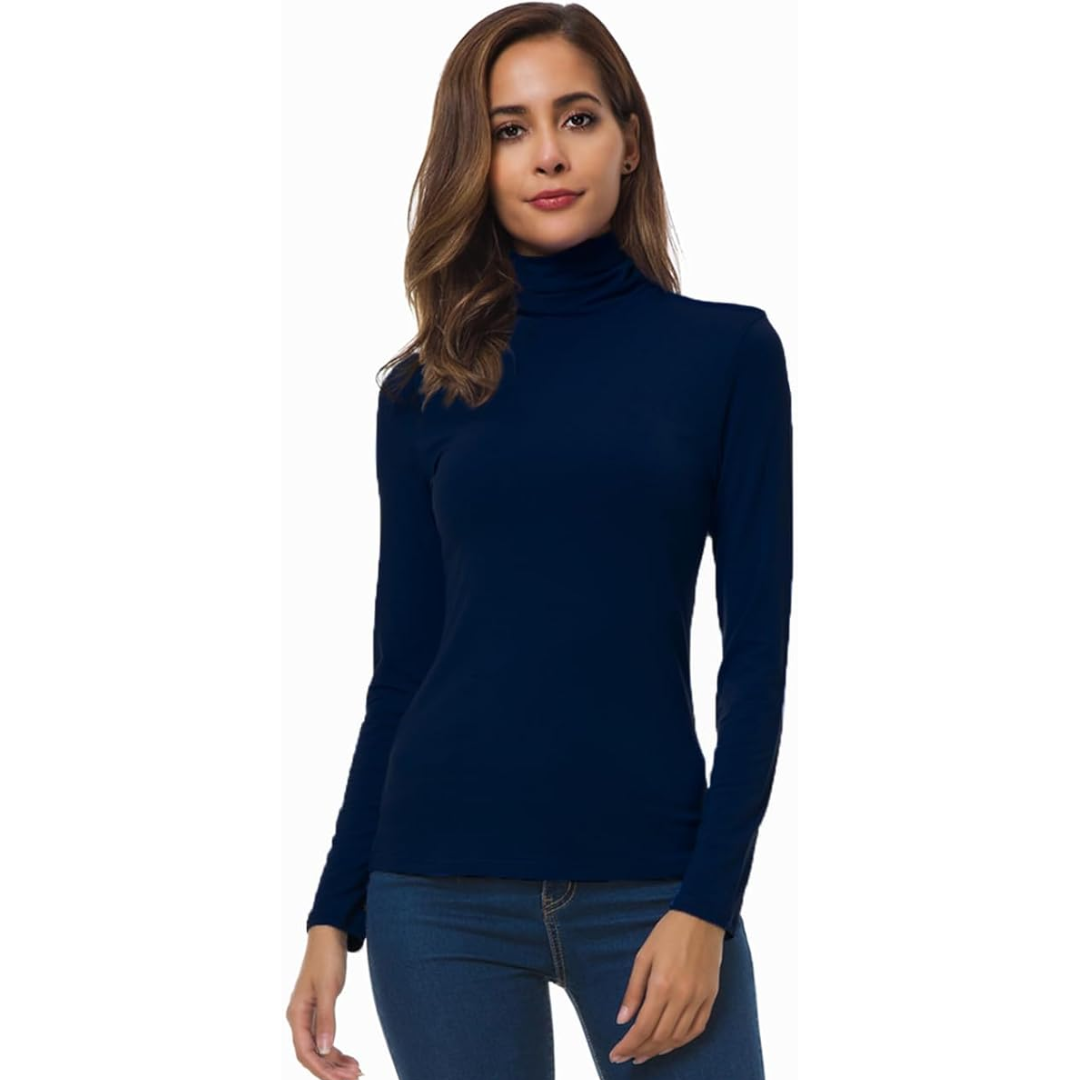 Elegant high neck detail of the women's slim fit essential turtleneck, highlighting its sophisticated design.