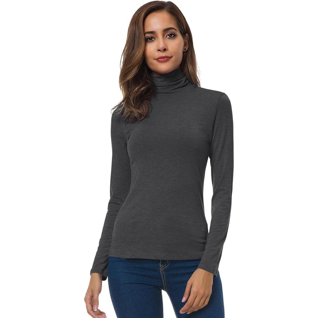 Classic black women's slim fit essential turtleneck top, a versatile layering piece for all seasons.