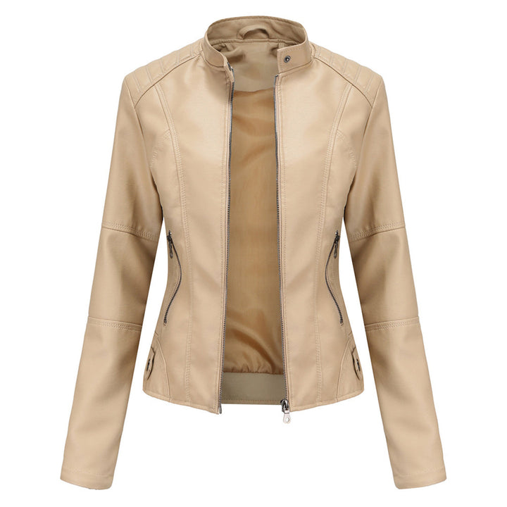 Stylish women's outerwear: a slim-fit faux leather biker jacket, ideal for a modern edgy fashion statement.