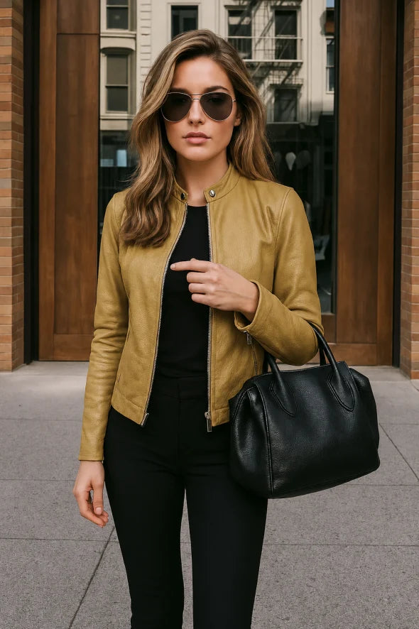 Stylish women's zip-up slim fit jacket with mandarin collar & long sleeves, comfortable everyday wear.