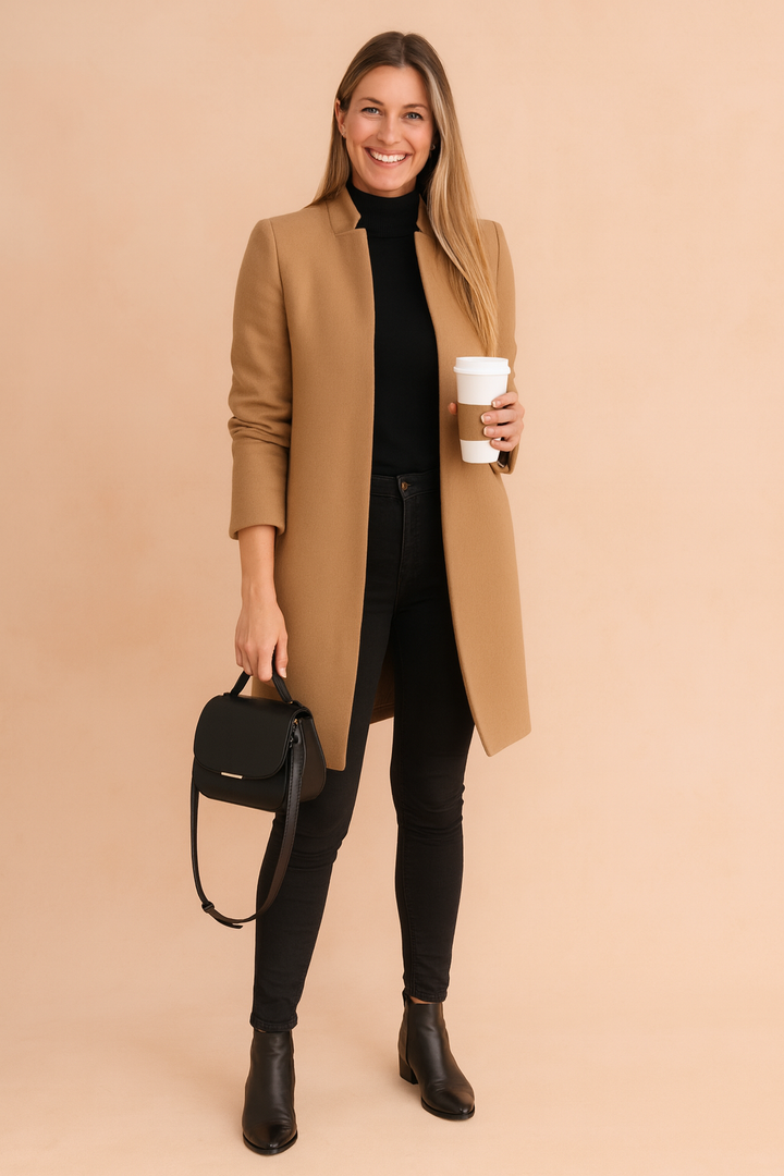 Women's slim tailored coat, structured design for elegant workwear and sophisticated casual chic.