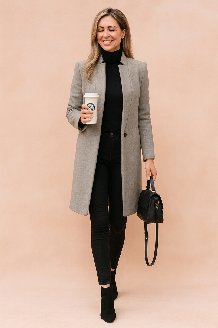 Slim fit women's tailored coat, perfect structured outerwear for versatile fall fashion & winter style.