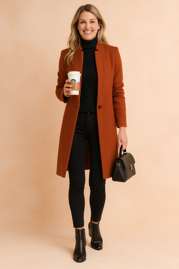Elegant long sleeve tailored coat for women, minimalist design for versatile workwear & casual outfits.