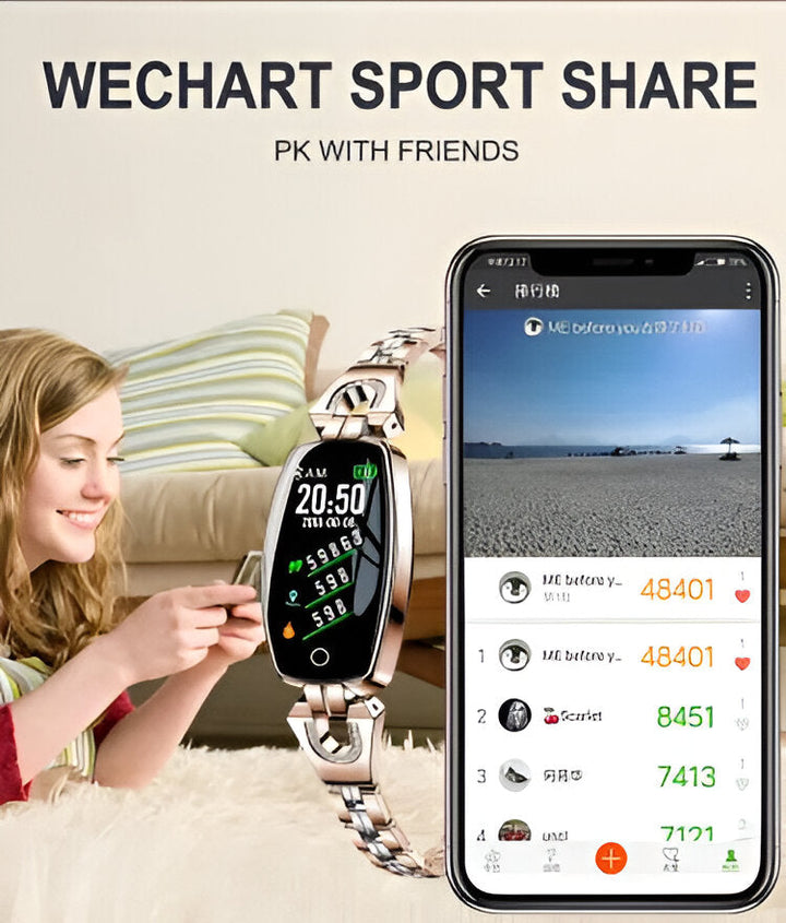 Stylish women's smart fitness tracker, HR monitor, notifications, and activity tracking bracelet.