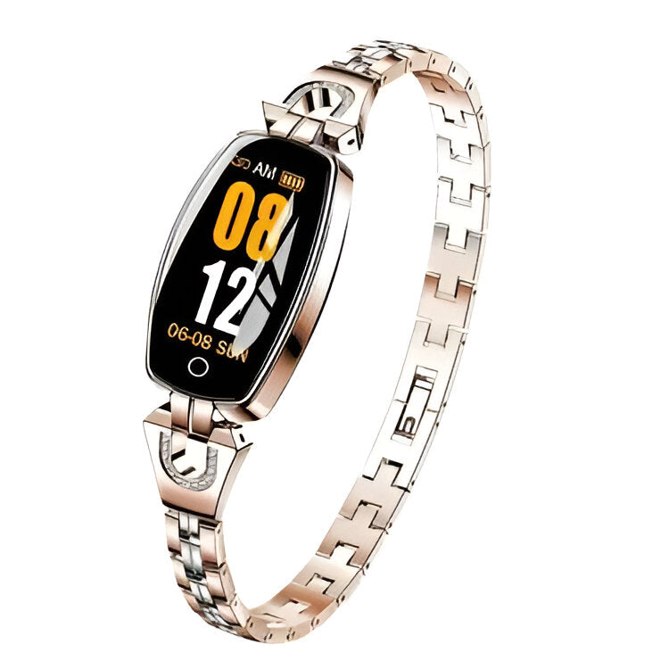 Stylish women's smartwatch & activity tracker with HR monitoring, notifications, and step counter.