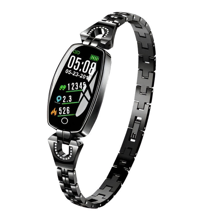IP67 waterproof women's smart fitness tracker, heart rate monitor, step, and calorie tracking.