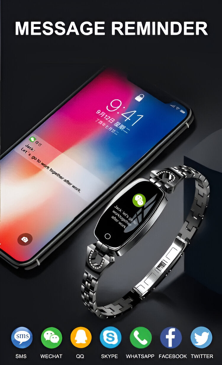 Women's smart fitness tracker with real-time heart rate, call/text notifications & activity data.